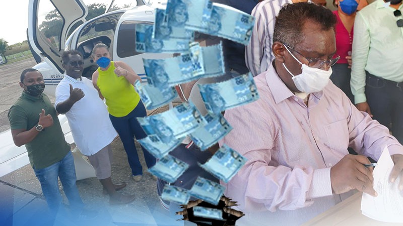 Prefeito Domingos Costa assinando termo de posse e embarcando em avião fretado. Foto Ilustração