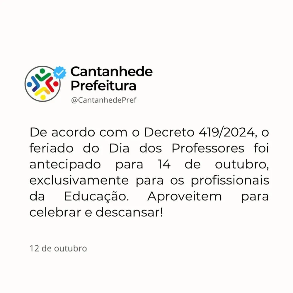 Município de Cantanhede antecipada para segunda-feira (14) feriado do Dia dos professores
