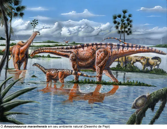 Ilustração do Amazonsaurus Maranhensis em seu habitat natural há 110 milhões de anos. Imagem: UFRJ / Reprodução