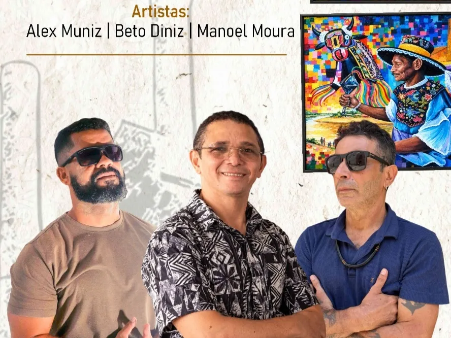 (dir) Alex Muniz, Beto Diniz e Manoel Moura. Imagem © Reprodução Cartaz Galeria Trapiche 